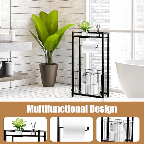 Standing Toilet Paper Holder with Shelf, Black Free Standing Toilet Paper Holder Stand, Bathroom Toilet Paper Storage Holder for Bathroom Organization