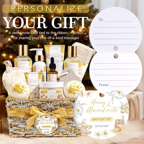 Mothers Day Birthday Gifts for Women, Honey & Almond Milk Relaxing Spa Gift Baskets for Women Self Care Package Bath Gift Set, Home Bath and Body Kit Pamper Gifts for Womens Her Mom Friends Sister - color: Gold-Honey & Almond milk