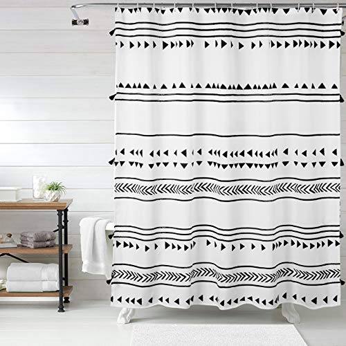 Uphome Extra Long Fabric Shower Curtain for Bathroom, Black and White Boho Shower Curtain Set Chic Triangle Geometric Tassel Cloth Bath Curtains, Waterproof Machine Washable for Modern Bathtub 72 x 78 - color: White, size: 72"W x 78"L (Pack of 1)