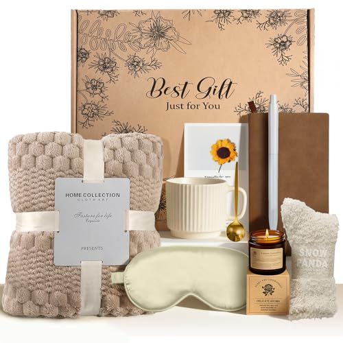 Birthday Gifts for Women, Personalized Self Care Gift Basket with 50"x60" Flannel Blanket, Spa Gift Set for Mom, Sister, Friend, Wife, Coworker, Thinking of You Care Package - color: Khaki-10 Pc