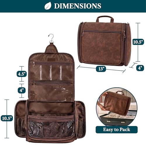 PAVILIA Large Hanging Toiletry Bag for Men Women, Travel Toiletry Organizer with 10 Compartments, Swivel Hook and 3 Leakproof Pockets, Water Resistant Shaving Kit Case, Packs Flat, Brown - color: Brown
