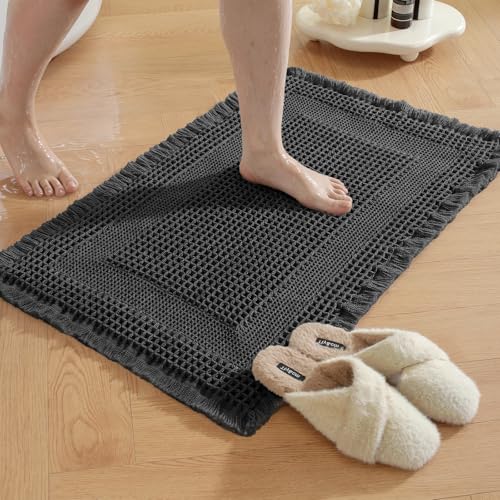 Waffle Bath Mat - Super Water Absorbing Bath Mat Quick Dry, Bathroom Rugs Non Slip Washable with Tassels, Rubber Backed Bathroom Mat for Bathroom Floor, Tub and Shower, 24" x 36", Black - color: Black, size: 24" x 36"