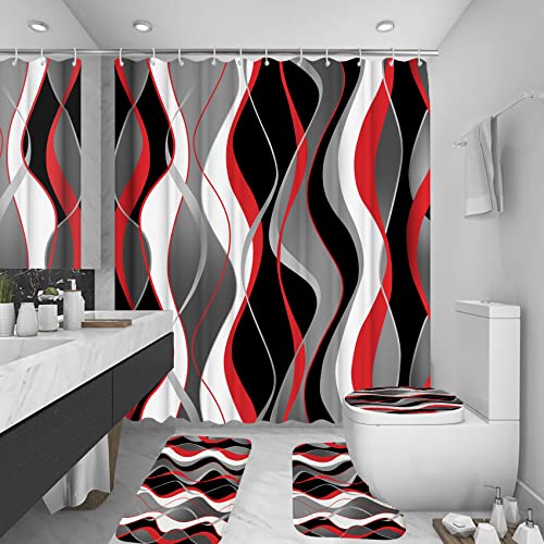 4Pcs Red Shower Curtain Sets with Non-Slip Rugs, Toilet Lid Cover and Bath Mat, Black and Gray Bathroom Decor Set Accessories Fabric Waterproof Shower Curtains with 12 Hooks, 72 x 72 Inch - color: Red