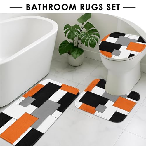 Orange Geometric Shower Curtain Set with Toilet Lid Cover and Non-Slip Rugs for Bathroom, Black White Grey Checkered 4 Pcs Shower Curtain, Modern Abstract Bathroom Set with 12 Hooks - color: Abstract Geometric Orange