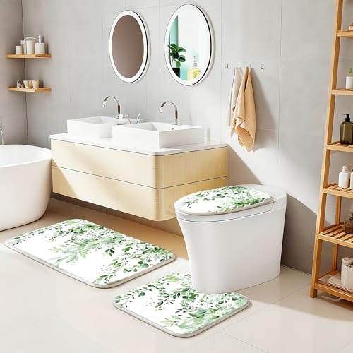 16 Pcs Sage Green Eucalyptus Shower Curtain Set with Rugs, Botanical Leaf Bath Curtains and Quick Absorbent Foam Mats, 120GSM Heavy-Weight Fabric Curtain with 12 Metal Hooks, 72x72 Inch - color: Green