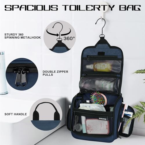 Goloni Hanging Toiletry Bag, 10 Compartments Water-Resistant Makeup Bag with 360° Spinning Metal Hook, Large Travel Cosmetic Organizer for Men & Women, Blue (7.05oz) - color: Blue