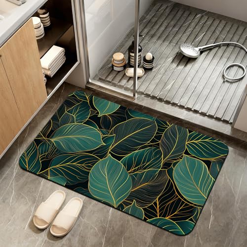 Gold Green Tropic Leaves Bathroom Rugs,Bath Mats for Bathroom, Low Pile Absorbent Bath Mat,Rubber Backing Non Slip Washable Thin Quick Dry Door Mat 17x29.5 Inch - color: Gold Green Tropic Leaves