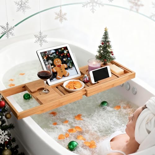 Utoplike Bamboo Bathtub Caddy Tray Bath Tray for Tub, Adjustable Bathroom Bathtub Organizer with Book Tablet Wine Glass Cup Towel Holder - color: Natural