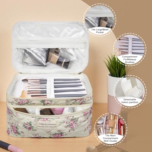 Gosect Large Quilted Makeup Bag, Large Floral Cosmetic Bag for Women, Cute Cotton Makeup Bags, Flower Travel Toiletry Organizer Bag (Pink Flowers) - color: 076Pink Flowers
