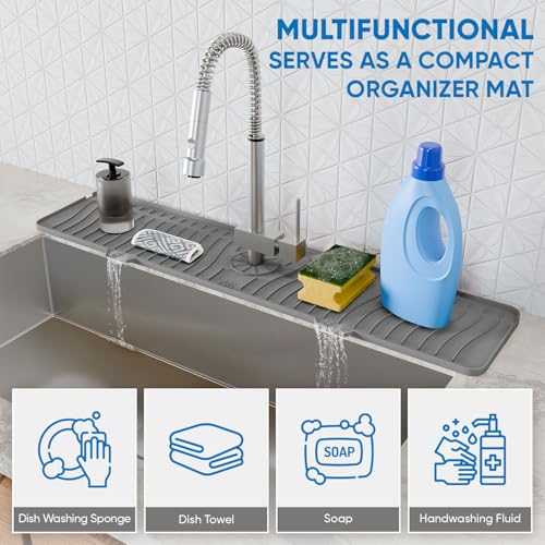 24 Inch Longer Faucet Mat for Kitchen Sink, Silicone Sink Faucet Mat Splash Guard 5° Slope Premium Kitchen Sink Splash Faucet Guard, Fast Self-Draining Mat (Grey)