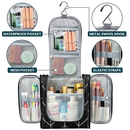 PAVILIA Toiletry Bag Travel Bag for Women Men, Hanging Cosmetic Organizer, Water Resistant Makeup Bag for Accessories Toiletries, Large Travel Essentials Kit (Black Chevron) - color: Black Chevron, size: Standard (9x4x9)
