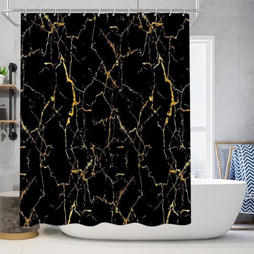AZHM 4Pcs Shower Curtain Sets Black and Gold Marble Bathroom Sets with Shower Curtain and Rugs and Accessories Luxury Bathroom Curtain Decor Sets with 12 Hooks