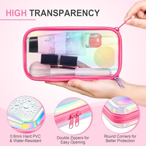 Hoolerry 4 Pcs Hard Clear Zipper Case Makeup Bags Plastic Zipper Pouch Transparent Storage Box Containers for Cosmetics, Snacks, Building Blocks, Puzzles(Clear,7.5 x 3.9 x 2 in,Pink Laser) - color: Pink Laser, size: 7.5 x 3.9 x 2 in