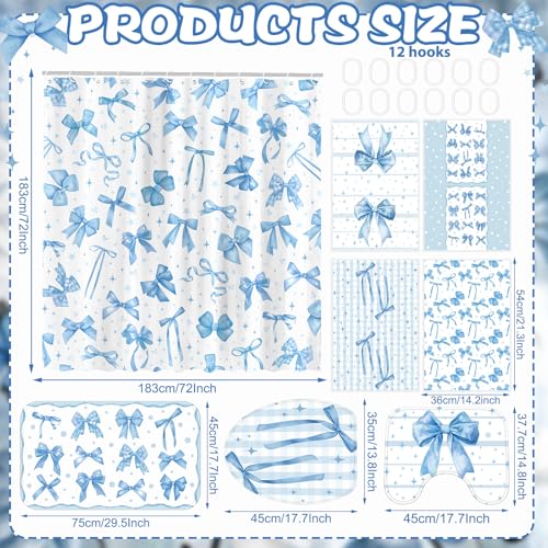 FuWeave 8 Pcs Blue Shower Curtain Set Coquette Blue Bathroom Decor Aesthetic Bow Knot Waterproof Shower Curtain Towels Non Slip Rug Toilet Lid Cover Bath Mat with 12 Hooks for Women Home Bath - color: Blue Bow