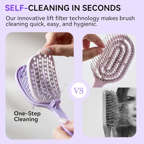Self Cleaning Hair Brush, Curved Vented Detangler Brush for Faster Blow Drying, Anti-Breakage Wet & Dry Hair Brush for Women Men Kids, All Hair Types, Folding Travel Brush, Purple - color: Purple