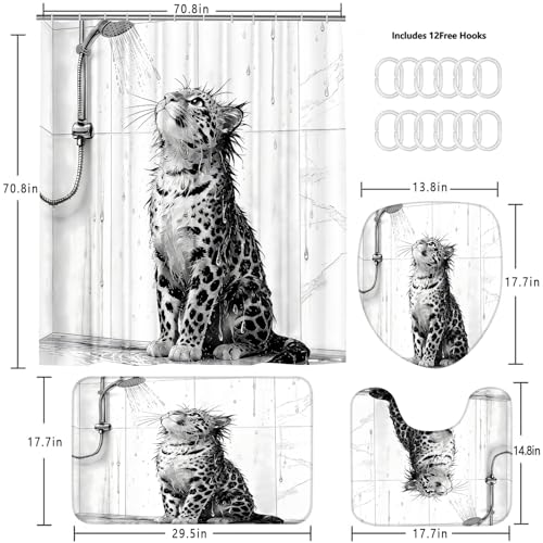 4 Piece Black and White Shower Curtain Set with Rugs, Cute Leopard Taking a Shower Art, Aesthetic Funny Animal Waterproof Fabric Bathroom Decor, Non-Slip Mat, U-Shaped Rug & Toilet Lid Cover - color: White