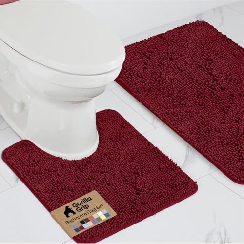 GORILLA GRIP Bathroom Rug Sets, Soft Chenille 2 Piece Area Rugs Set, Toilet Base Mat and 30x20 Carpet, Absorbent Microfiber Washable Mats Dry Quickly, Home Décor and Bath Room Accessories, Burgundy - color: Burgundy, style: 30"x20" + Oval 24"x19.5" - 2 Pa
