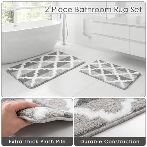 Arttown Dark and Light Grey Trellis Bathroom Rug Set 2 Piece Fluffy Microfiber Non-Slip Water Absorbent Bath Mat Soft Washable for Tub Showers Laundry Room Decor (16"x24"+20"x32") - color: Gradient Gray 1