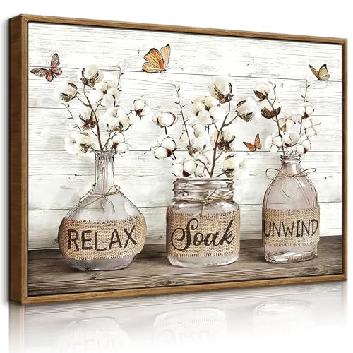 BJVJKSU Framed Farmhouse Bathroom Wall Art Brown Rustic Cotton Flower Bathroom Canvas Wall Decor Relax Soak Unwind Sign Painting Print Vintage Aesthetic Picture Artwork Decor(12x16in) - color: Brown framed, size: 16"L x 12"W