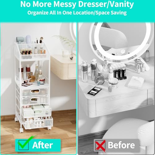 HapiRm Makeup Organizer Storage Cart - Floor Skincare Make Up Storage with 4 Drawers, Rolling Makeup Cart Vanity Organizer Cosmetics Display Cases Holder for Skin Care Perfume Nail Polish - color: White