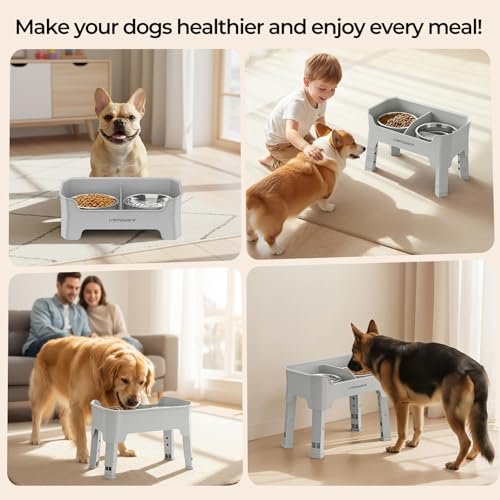 URPOWER Mess Proof Elevated Dog Bowls, High Wall Splash Guard Design, 4 Height Adjustable Raised Bowl Stand, 2 Stainless Steel Bowls, Non-Slip Food Water Set for Small Medium Large Dogs - color: Light Grey, size: Medium