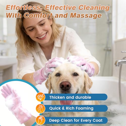 7 PCS Pet Grooming Kit for Dogs and Cats | Dog Washing Gloves | Dog Bath Brush | Cleanroom Gloves | Dog Shampoo Brush | Finger Toothbrushes | Storage Bag | All-in-One Pet Care (Pink) - color: Cherry Blossom Pink