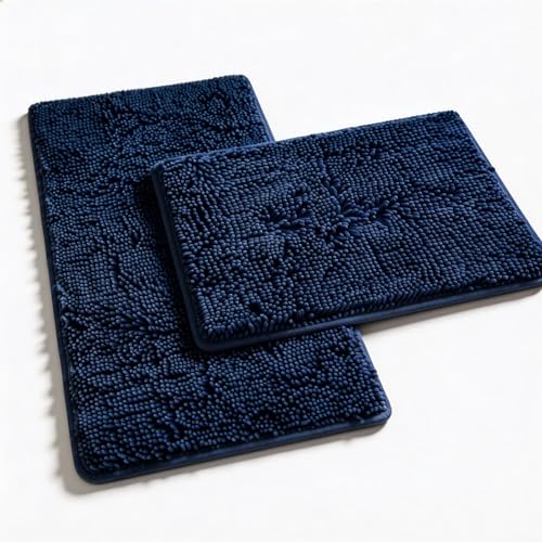 Non Slip Washable 2 Piece Extra Absorbent Shaggy Chenille Bathroom Rugs and Mats Sets, Soft & Dry Bath Rug/Mat Sets for Bathroom Washable Carpets Set Navy Blue Blue - color: Navy Blue, size: 32"L x 20"W + 24"L x 16"W