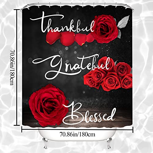 4Pcs Red Rose Shower Curtain Sets, Thankful Grateful Blessed Bathroom Curtain with Non-Slip Rug, Toilet Lid Cover, Bath Mat and 12 Hooks, Romantic Showy Floral Wedding Decor for Bath, 72 x 72 inch - color: Red