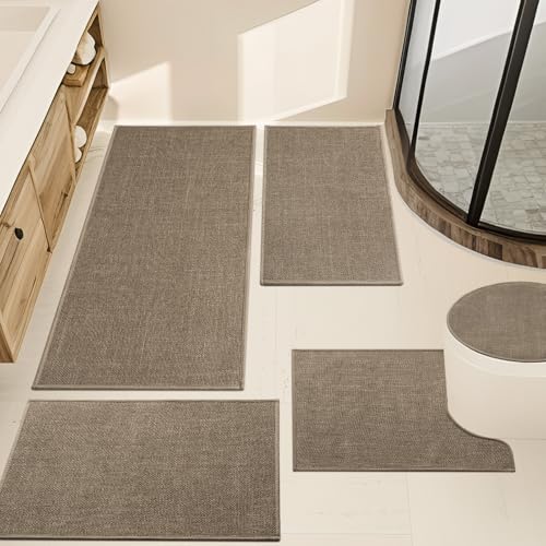 YIHOUSE Brown Bathroom Rug Sets 5 Piece, Dark Beige Absorbent Bath Mat for Bathroom Non Slip Washable,Bath Room Mat Quick Dry, Thin Bath Rug Set for Toilet and Floor - color: Brown, size: 5 Piece