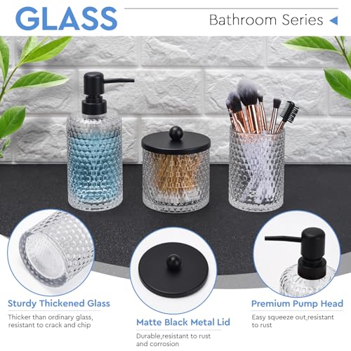 Bathroom Accessory Set,4 Pcs Clear Glass Bathroom Accessories Set-Lotion Soap Dispenser,Toothbrush Holder,Qtip Holder Dispenser & Resin Vanity Tray,Countertop Vanity Organizer,Crystal Clear - color: Clear + Matte Black Tray