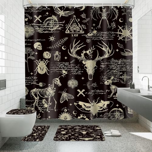 4 PCS Skulls Shower Curtain Set 72Wx72H Gothic Skeleton Celestial Mystic Bathroom Set Non-Slip Bath Rug Toilet Lid Cover U Shape Mat Complete Bathtub Accessories with 12 Hooks Bathroom Decor - color: A 05skeleton, size: 72"W x 72"L (Pack of 4)