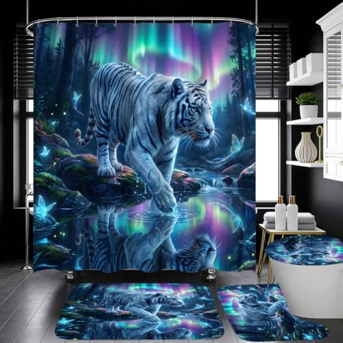 4 Piece White Tiger Shower Curtain Set with Rugs, Fantasy Aurora Borealis Bathroom Decor with 12 Hooks, Waterproof Fabric Bath Curtains, Non-Slip Bath Mat, Toilet Lid Cover - color: Pink Hibiscus