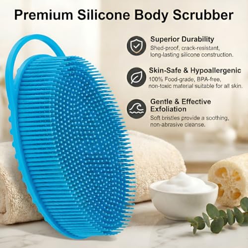 Silicone Body Scrubber, Exfoliating Loofah Alternative for Women Men, Soft Silicone Body Shower, 2 in 1 Bath and Shampoo Brush for Sensitive Skin, Back,Showering,Brush Exfoliator (Blue) - size: Blue