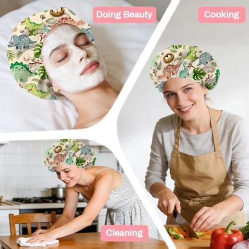 Dinosaurs Leaves Reusable Shower Cap Cute Double Layer Waterproof Shower Caps Large Elastic Hair Cover Adjustable Hair - Drying Caps for Woman Bath SPA Travel One Size Fits Most - color: Dinosaurs Leaves