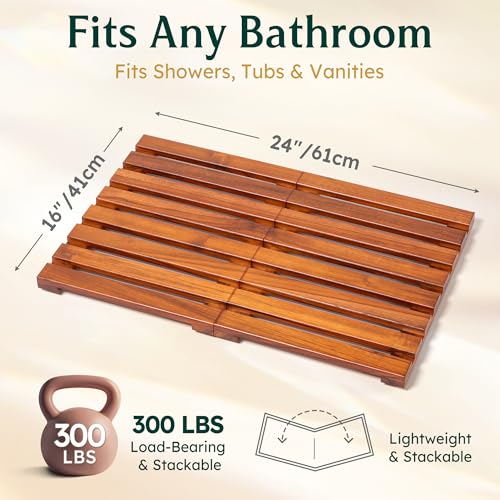 Premium Teak Shower Mat - 24" x 16" Non-Slip Wooden Bath Mat for Bathroom Floor, Fast-Drying Spa-Style Solid Wood Duckboard, Indoor & Outdoor Use - size: 24" x 16" (Rectangular)