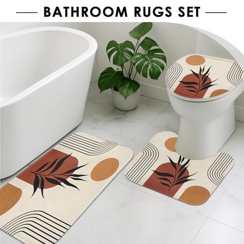 ArtSocket Boho Bathroom Set with Shower Curtain and Rugs Accessories, Mid Century Sun Brown Leaves Modern Shower Curtain for Bathroom Decor 4 Pcs - color: Mid Century 2