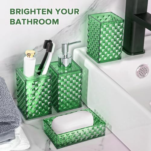 RYTOXILO Green Bathroom Accessories Set, 4 Pack Green Bath Accessory Sets Complete, Acrylic Soap Dispenser and Toothbrush Holder Set for Bathroom Counter Sink, Modern Bathroom Decor - color: Green