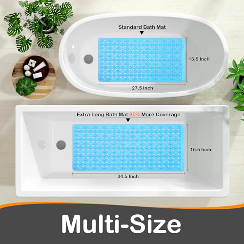 Yimobra Bathtub Mat Non Slip, 34.5"X15.5" Long Shower Mat for Inside Shower, Machine Washable Bath Mat with Drain Holes & Strong Suction Cups, Soft on Feet, Bathroom Essentials, Clear Blue - color: Clear Blue, size: 34.5 X 15.5 Inch