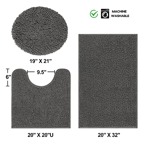 TREETONE Chenille Bath Mat 3 Piece Bathroom Rugs Set, 20x20 Inches U-Shape Contoured Toilet Mat & 20x32 Inches Rug & Lid Cover, Soft Water Absorbent Rugs for Tub Shower & Bath Room - Charcoal Gray - color: Charcoal Gray, size: Set of 3-Medium 20" x 30"/Co