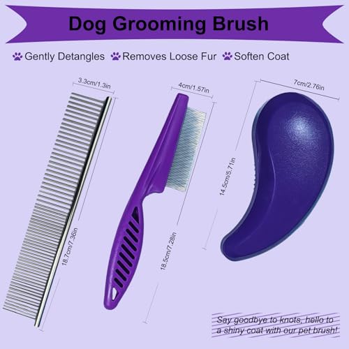 3 PCS Puppy Brush Grooming Kit, Stainless Steel Flea Comb, Fit for Yorkie, Shih Tzu, Maltipoo, Soft Bristle (Dark Purple) - color: Dark Purple
