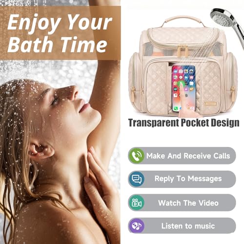 Large Leather Toiletry Bag for Women Men,Bathroom Bag,Water Resistant Shower Bag,Makeup Bag,Portable Shower Caddy for College Dorm,Hanging Travel Toiletry Bag with Transparent Waterproof Phone Pocket - color: Cream White Leather-1