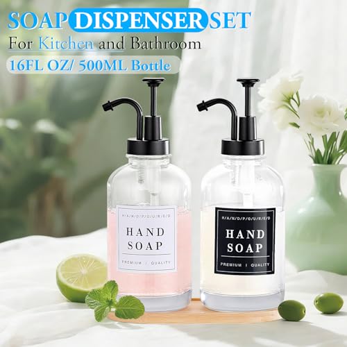 Dish and Hand Soap Dispenser for Kitchen,Glass Soap Dispenser with Pump,Tray,Funnel, Set of 2 Countertop Soap and Lotion Dispenser for Bathroom,Shower, 500ml/16.9oz, - color: Ks-5010-34y-2b