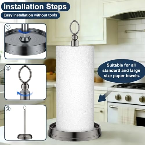 KASUNTO Paper Towel Holder With Heavy Weighted Base - Steel Countertop Stand for Kitchen, Bars & Dining Tables - Fits Standard & Jumbo Rolls - Brushed Nickel - color: Brushed Nickel