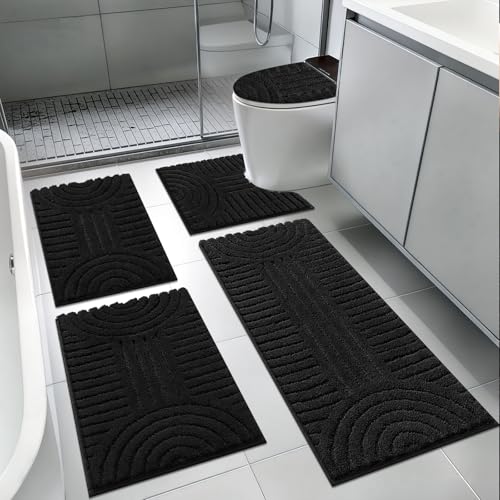 SHACOS Bathroom Rugs Sets 5 Piece Ultra Soft Absorbent Microfiber | Bath Mat with Bath Runner, U Shape Contour Rug, Toilet Lid Cover, Non Slip Machine Washable Carpet for Bedroom, Black - color: Black