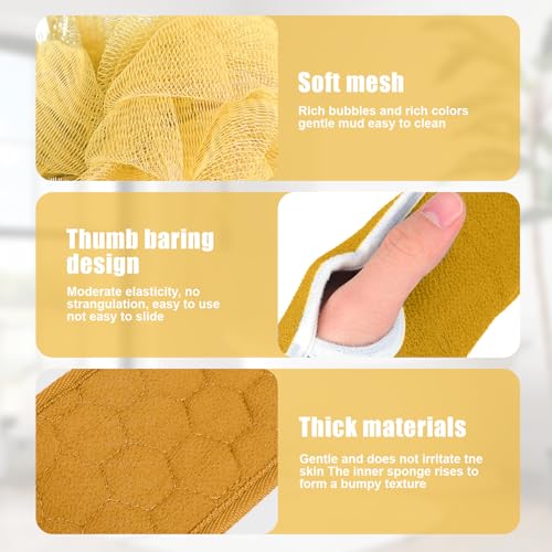 Back Scrubber Set, 3Pcs Bath Gloves and Shower Loofah Sponge for Body Scrub and Daily Shower Cleaning(Yellow) - color: Yellow