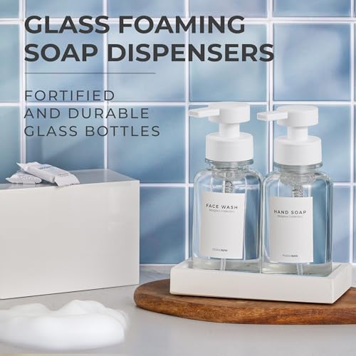 MaisoNovo Glass Foaming Soap Dispenser 14 Oz | Glass Bottles Pumps x 2 Clear with Tray - color: Clear Bottles/White Plastic Pumps/Ceramic Tray