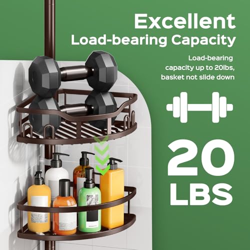 HAMITOR Shower Caddy Tension Pole: Rustproof Quick Install Corner Bathroom Organizer Shelf on Floor for Renters - 4-Tier Large Capacity Storage Rack with Soap Holder for Apartment -47-121 Inch/Bronze - color: Bronze