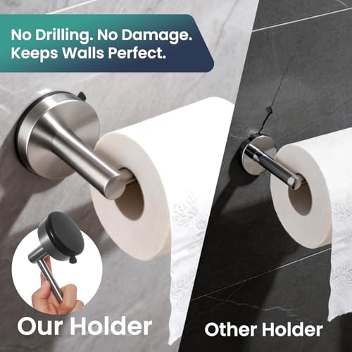 Removable Suction Cup Toilet Paper Holder, No Drilling Bathroom Wall Mount Tissue Roll Holder Brushed Nickel Stainless Steel Damage-Free Easy Install & Reposition Fits Smooth Surfaces - color: Brushed Nickel
