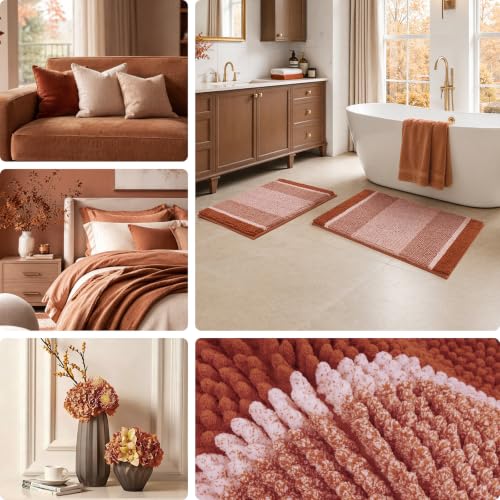 HOMEIDEAS Burnt Orange Bathroom Rugs Set of 2, Thick Absorbent Chenille Bath Mats, Non-Slip Soft Shaggy Rugs for Bathroom Floor, 20" x 32" & 17" x 24" - color: Burnt Orange