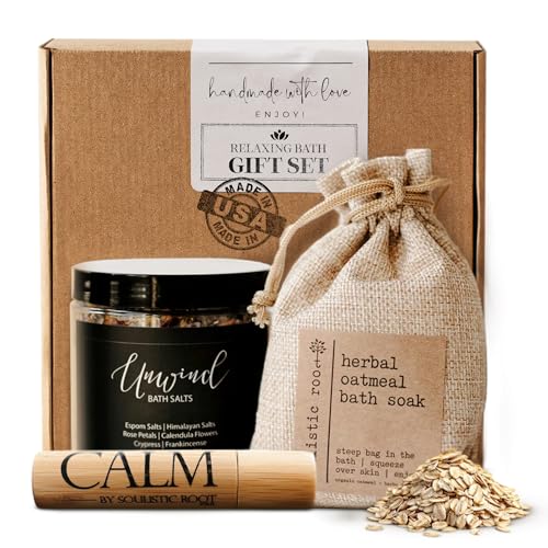 Relaxing Bath Gift Set for Women – Ready-to-Gift Spa Gift Set with Calm Essential Oil Roller, Epsom Bath Salts & Organic Lavender Oatmeal Bath Soak by Soulistic Root